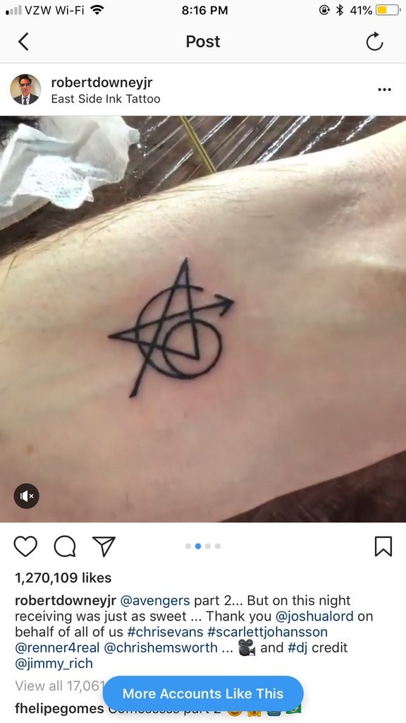 Robert Downey Jr. small forearm Avengers monogram tattoo