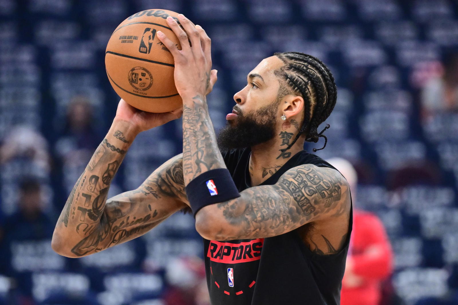 Brandon Ingram tattooed arms during warmup