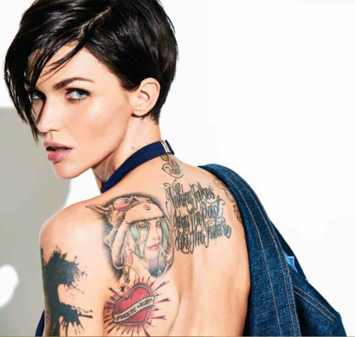 Ruby Rose back tattoo with the Phoebe and Ruby heart banner