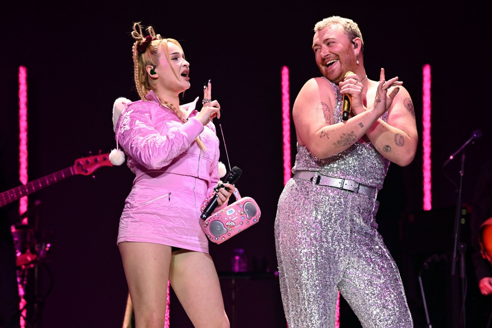 Sam Smith tattoos visible on stage
