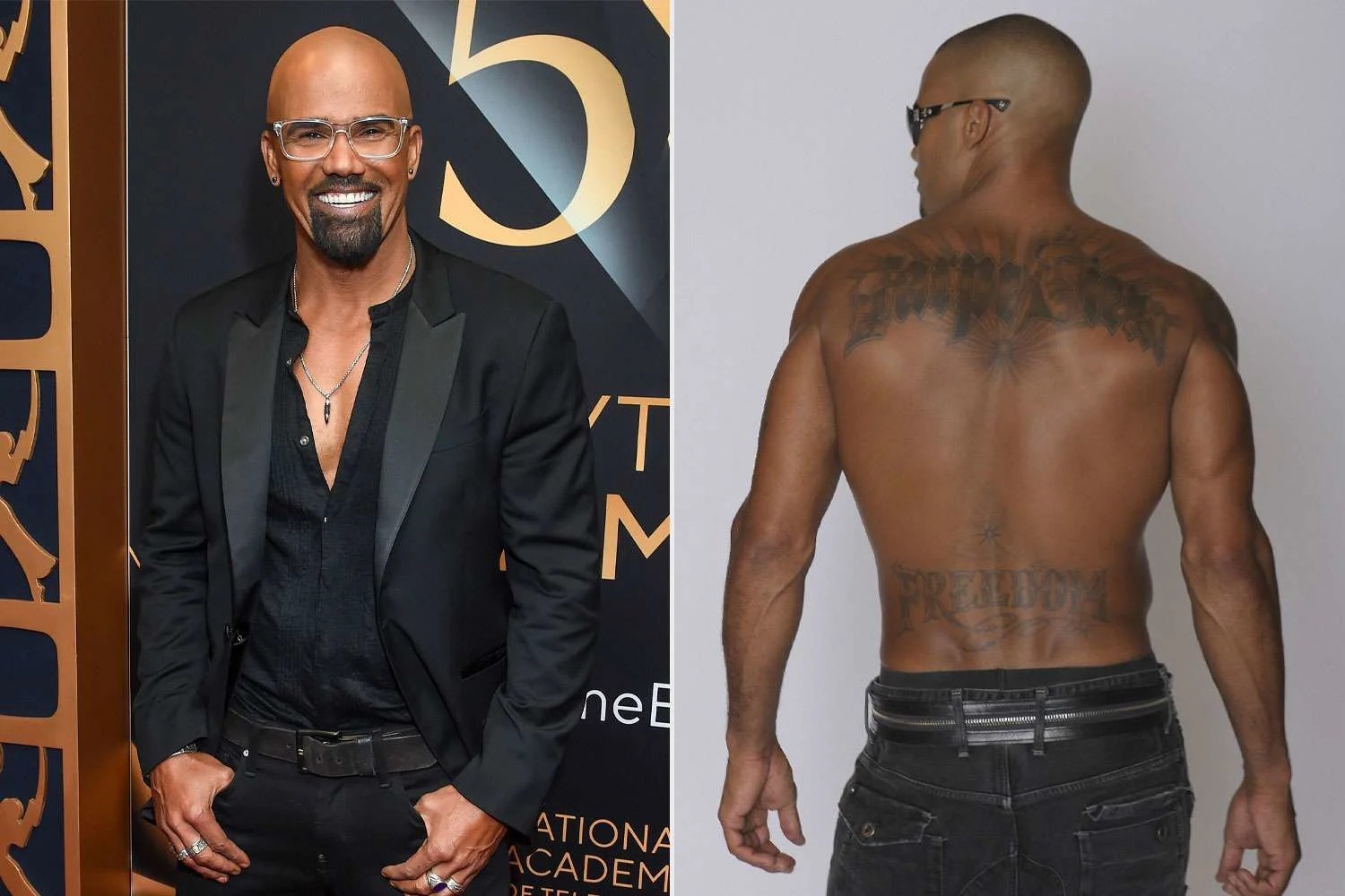 Close view of Shemar Moore’s S.W.A.T. eagle tattoo on his left forearm