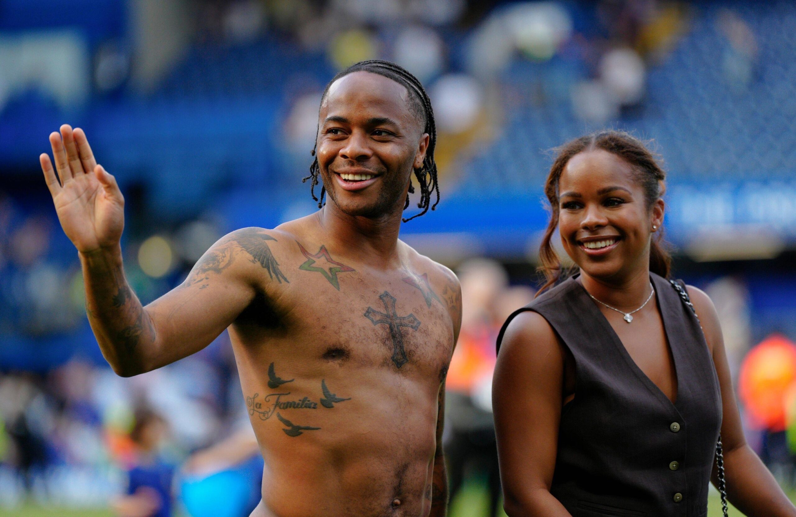Raheem Sterling tattoos: separate high-resolution shirtless photograph showing chest, birds and family context