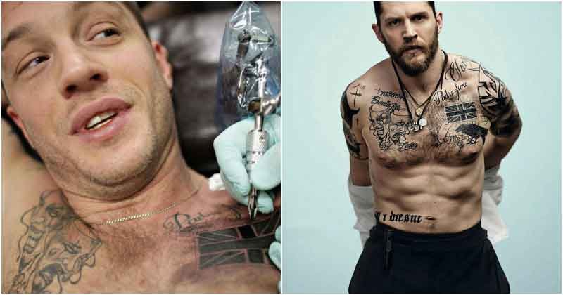 Tom Hardy showing the Padre Fiero chest tattoo