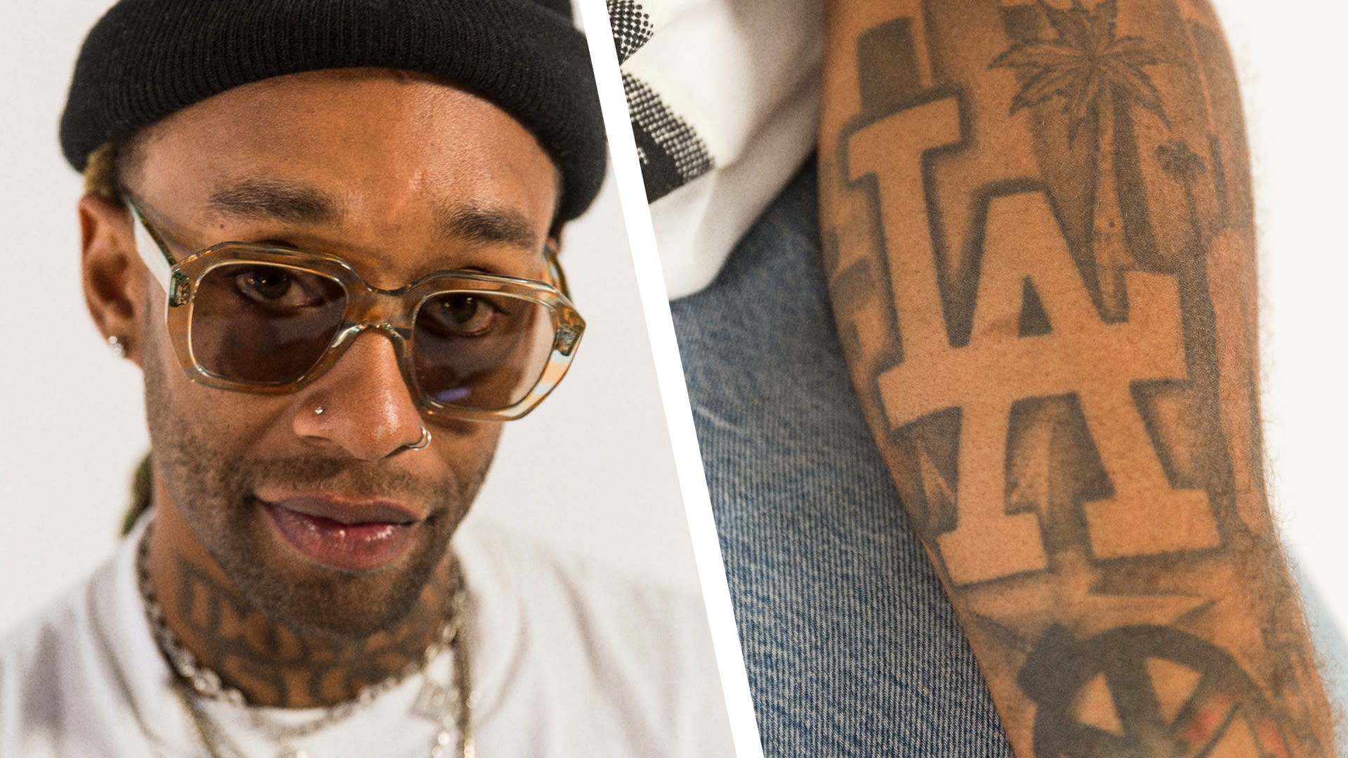 Ty Dolla Sign tattoo tour showing the large chest griffin tattoo