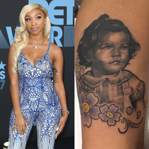 Zonnique Pullins Mamaw portrait and flower tattoo