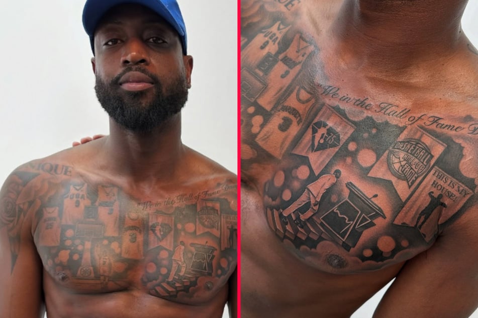 Dwyane Wade tattoos: full chest view showing jerseys, banners, and Hall of Fame wording