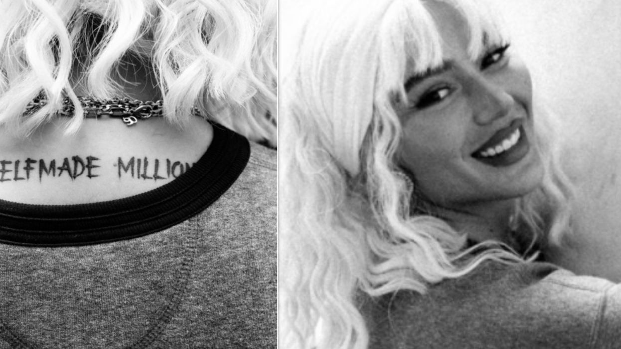 Loredana tattoos: high-resolution two-panel photograph clearly showing the Selfmade Millions neck lettering and Loredana's face