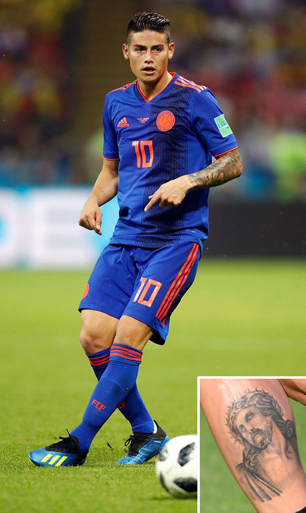 James Rodríguez tattoos: high-resolution match view with a clear inset of the Jesus calf tattoo