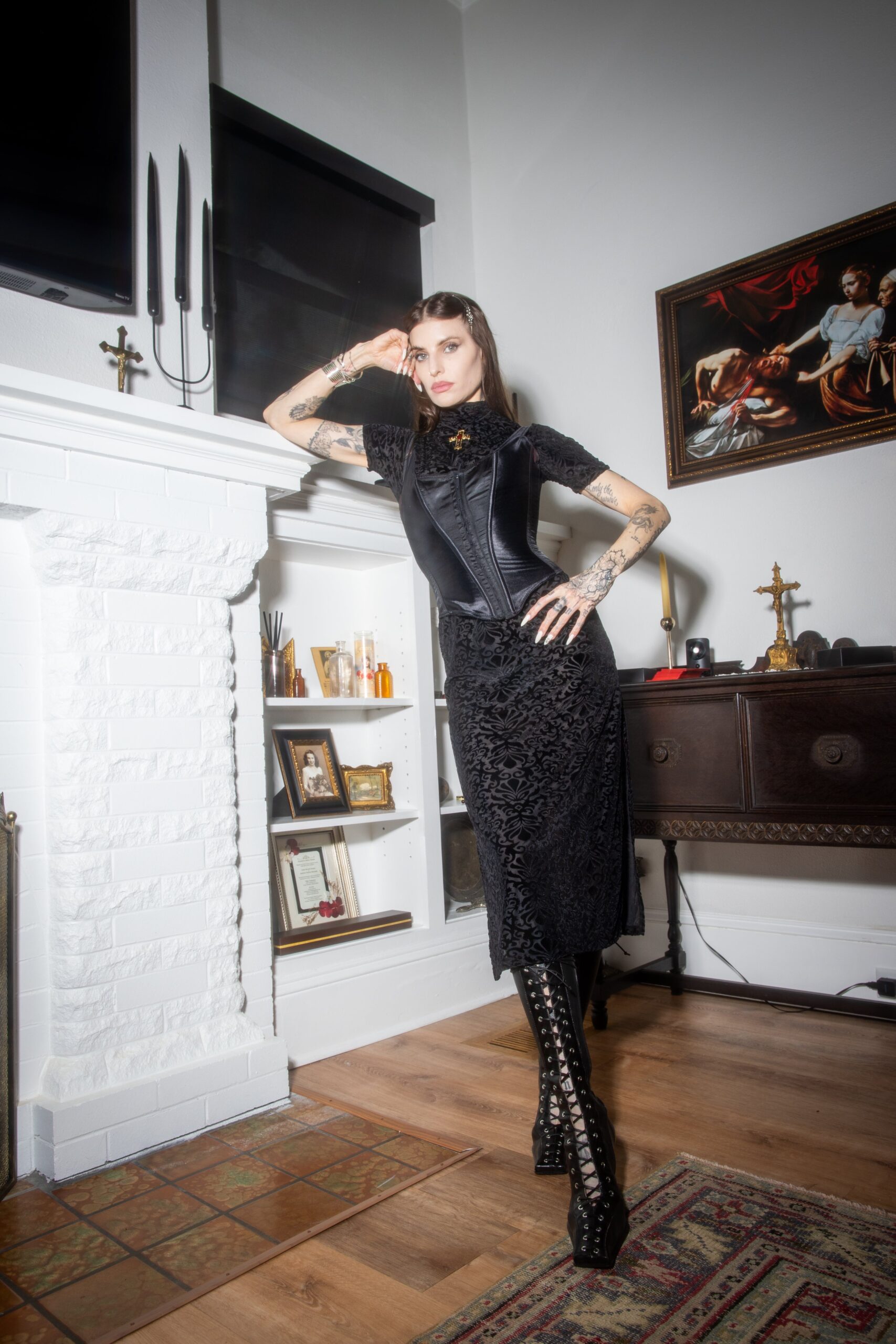 Lilith Czar tattoos: high-resolution portrait showing both tattooed arms, including script, shaded images and hand ink