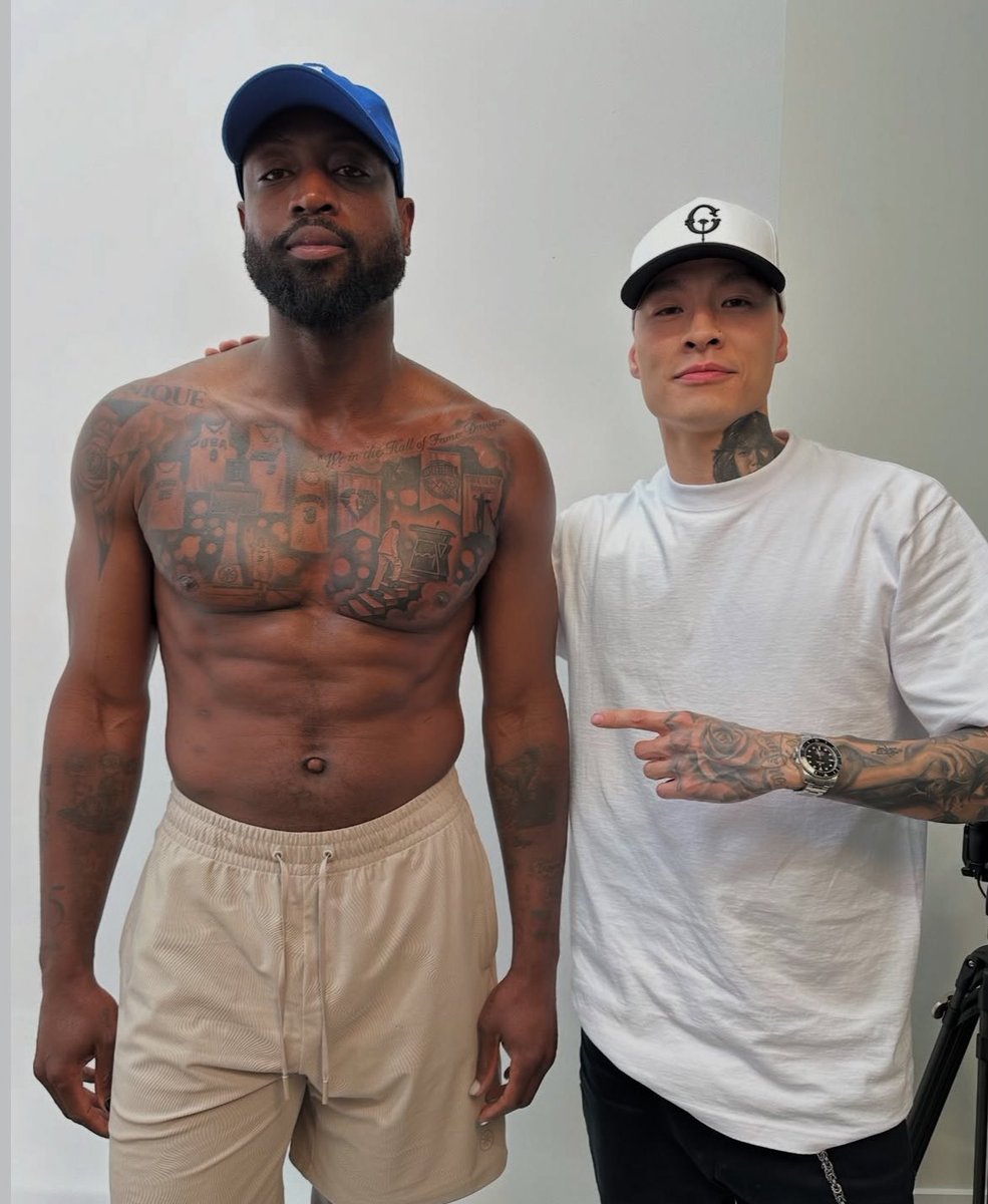 Dwyane Wade tattoos: shirtless tattoo reveal showing the complete black-and-gray career mural