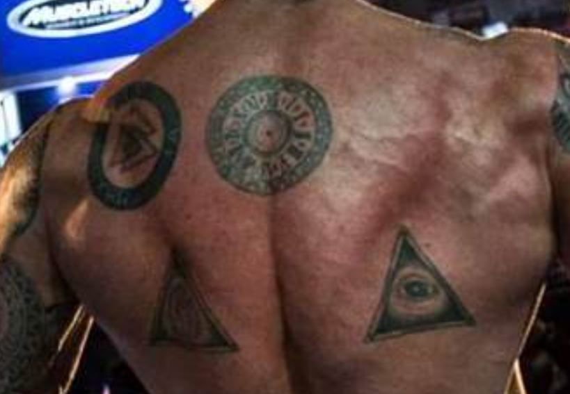 Martyn Ford back tattoos with geometric symbols
