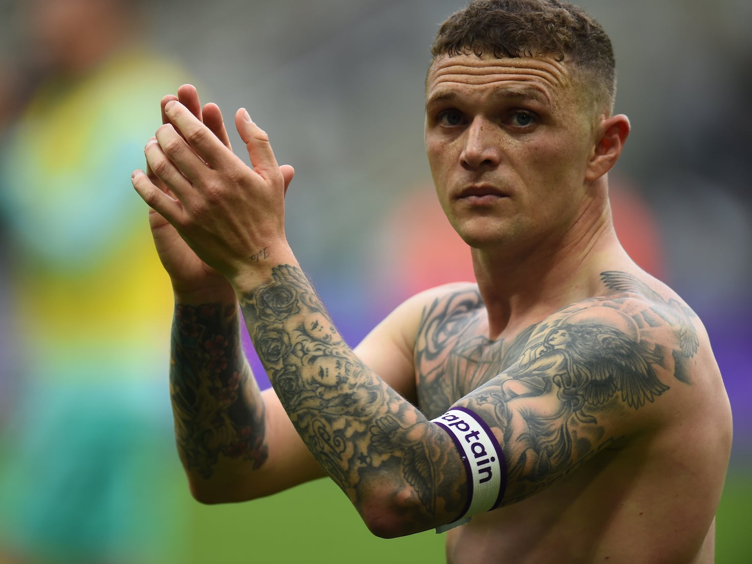 Kieran Trippier tattoos: Kieran Trippier shirtless chest diamond and full sleeve tattoos