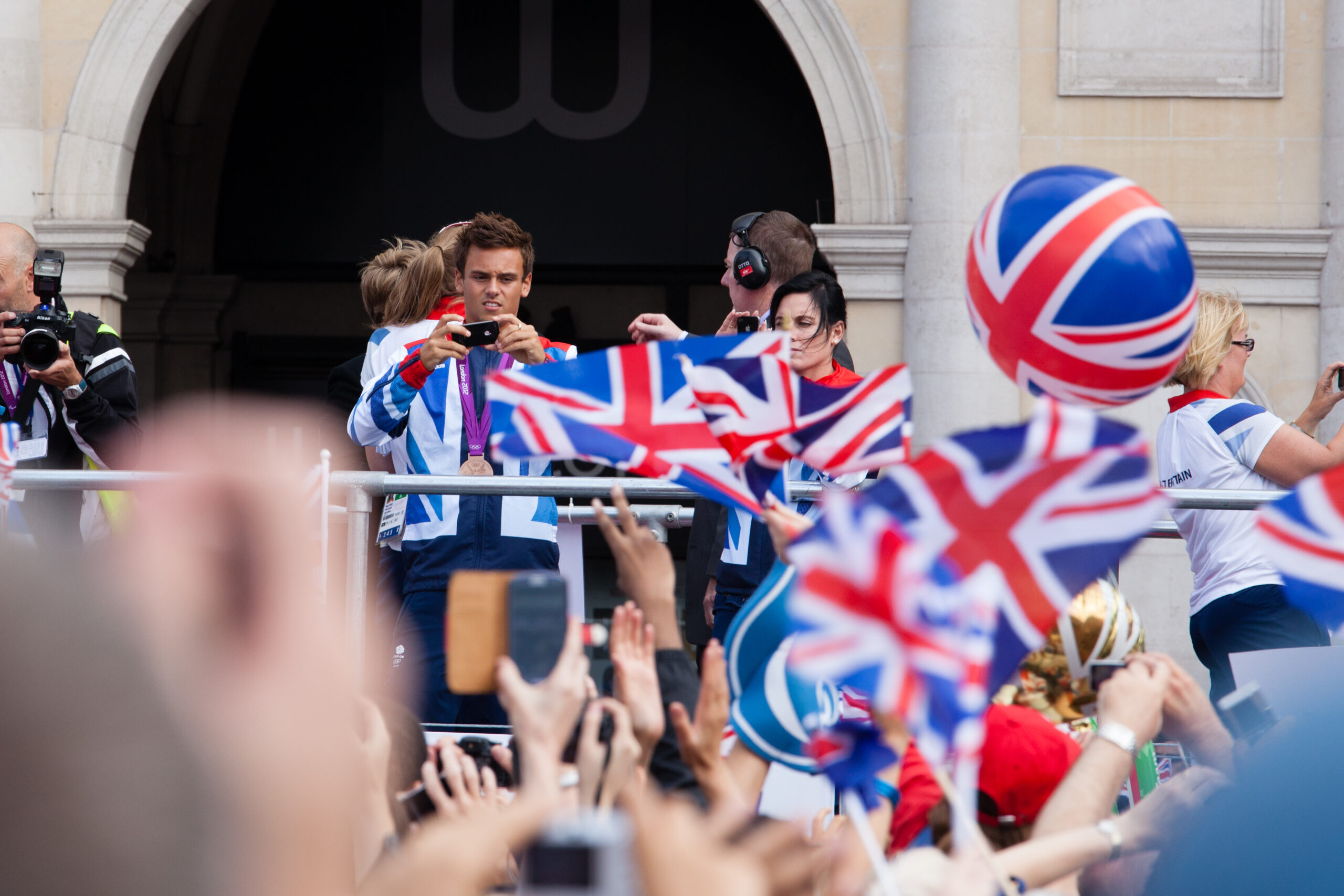Tom Daley with supporters at the London 2012 victory parade