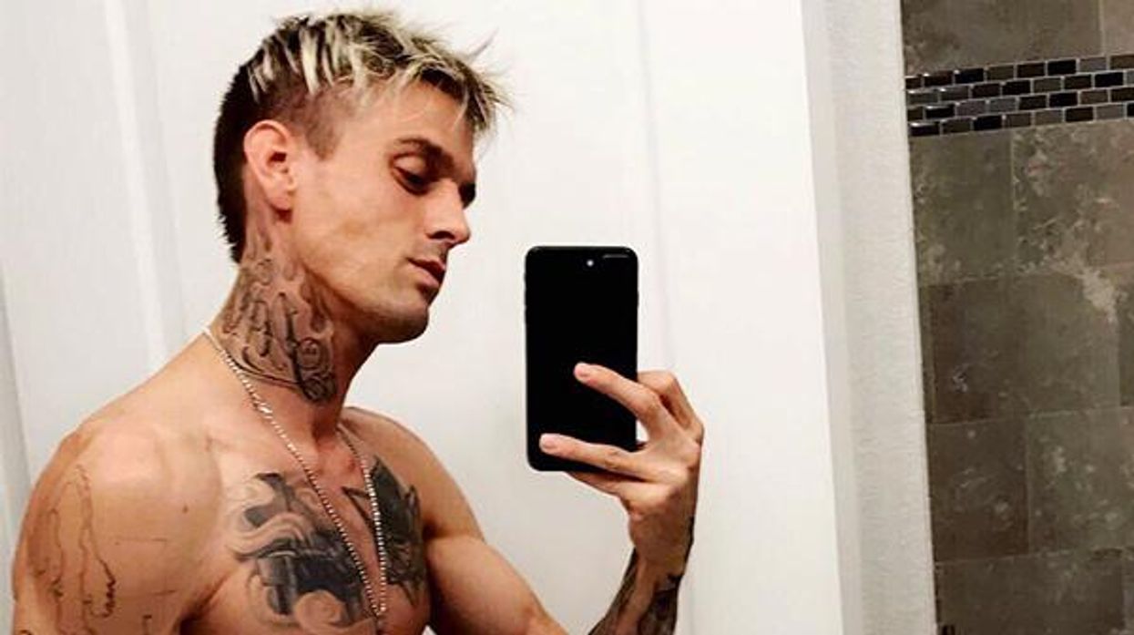 Aaron Carter bathroom neck and torso tattoos