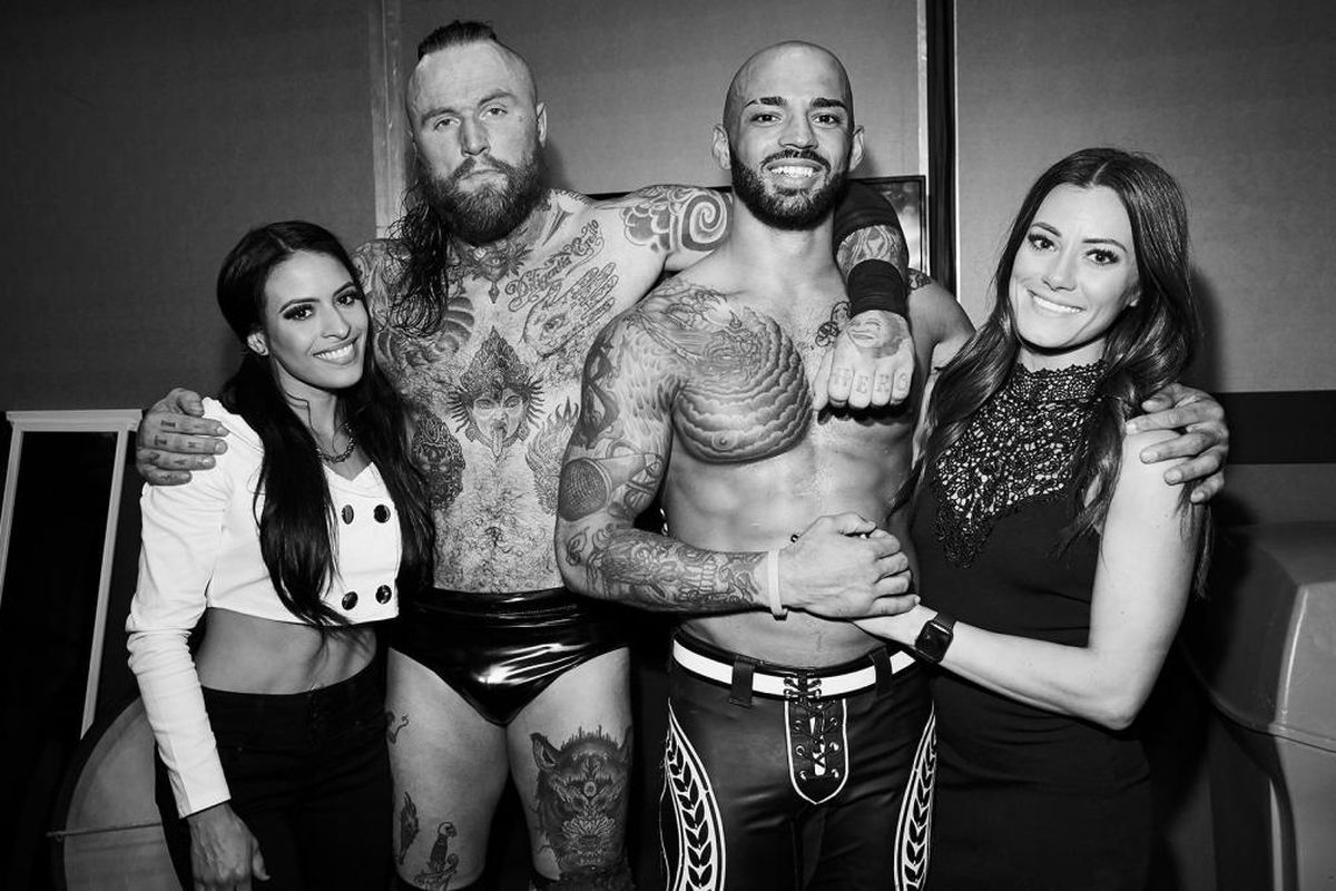 Aleister Black full chest and leg tattoos with Malakai Black friends