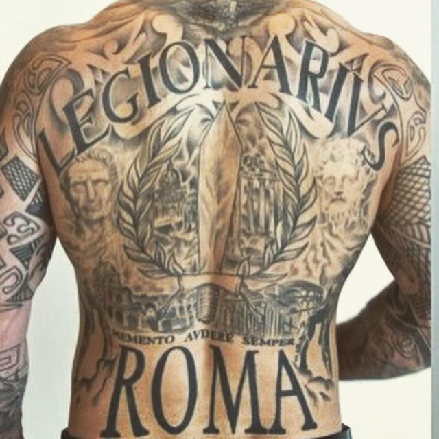 Alessio Sakara’s Legionarius and Roma back tattoos