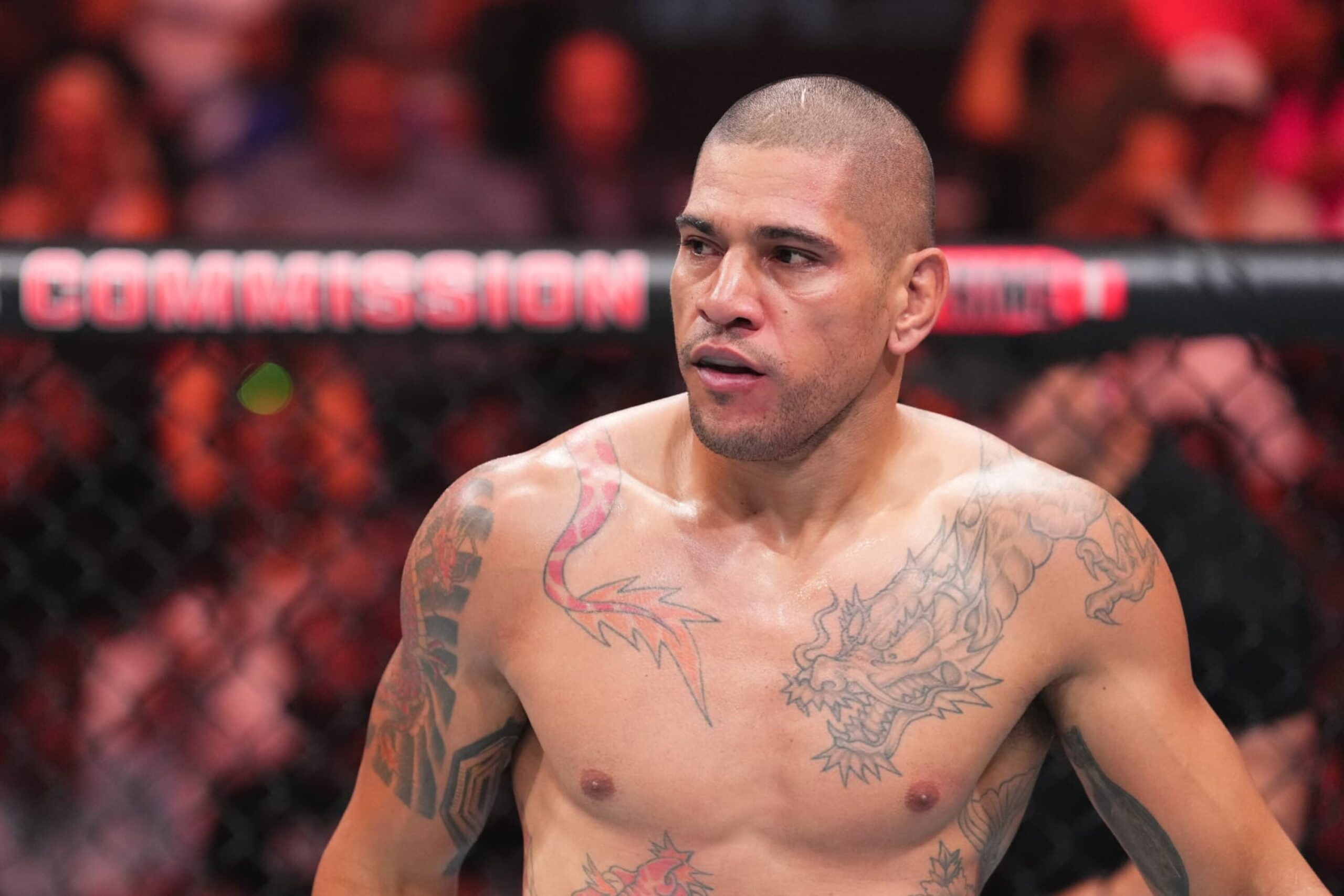 Alex Pereira dragon, shoulder and torso tattoos after a fight