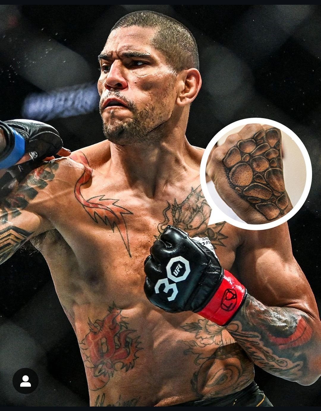 Alex Pereira tattoos on his arms and chest during a fight