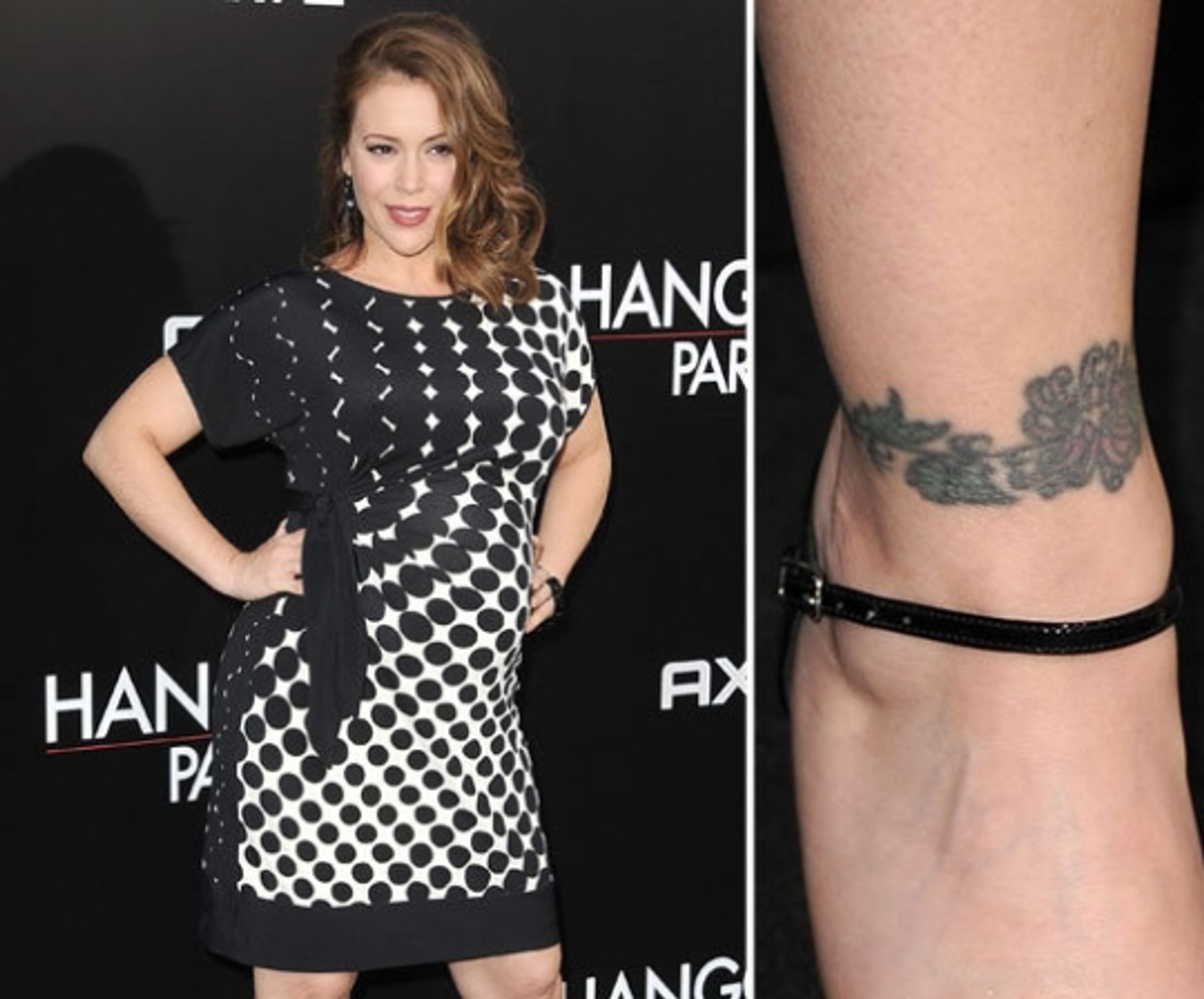 Alyssa Milano tattoos: separate editorial photograph with a clear close view of the rose ankle band