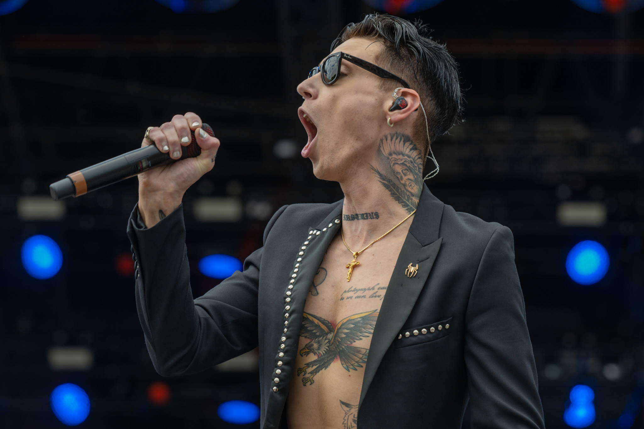 Andy Biersack hand and chest tattoo details