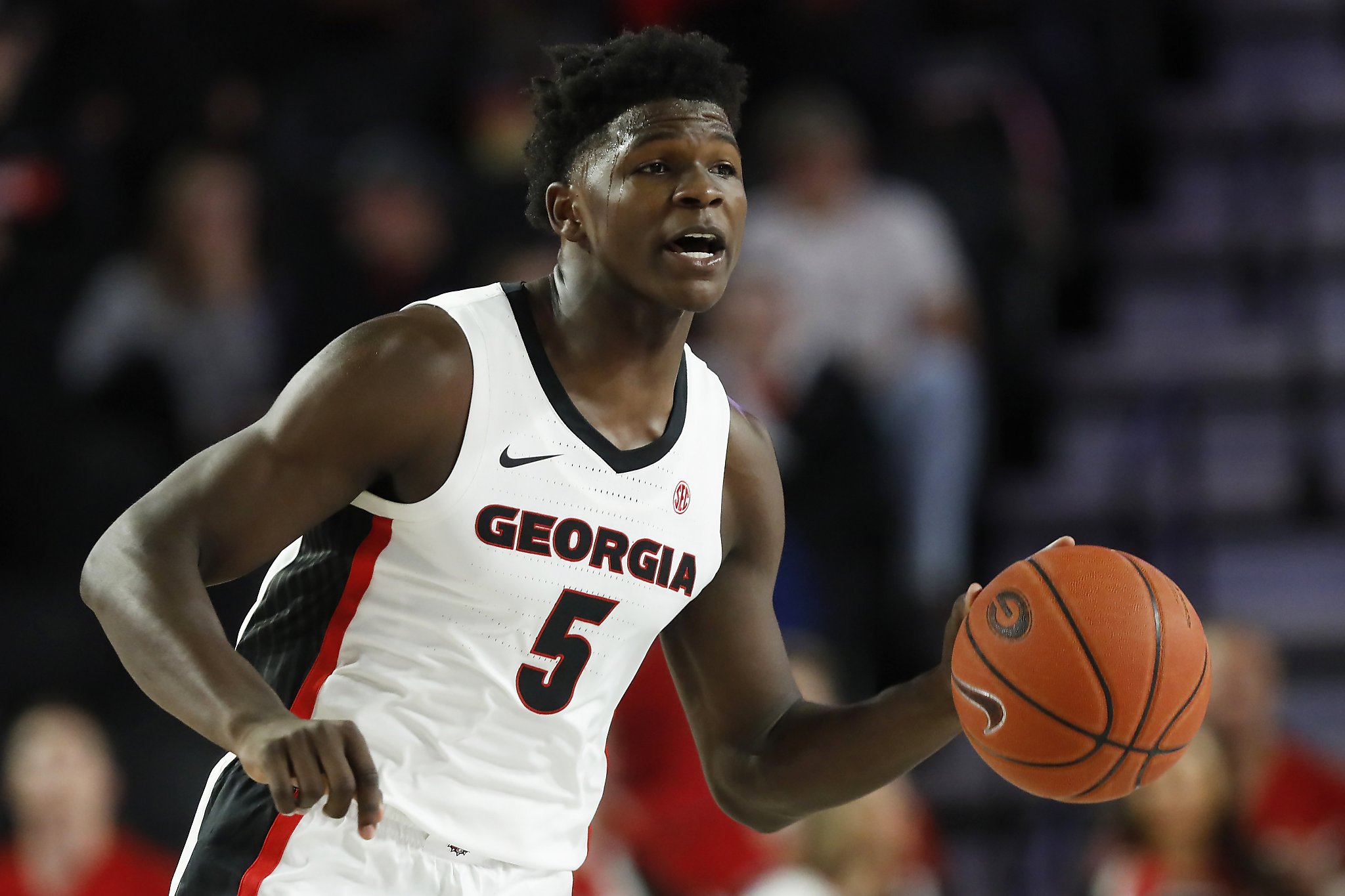 Anthony Edwards in a contextual photograph: Georgia Bulldogs action photo from his pre-draft season, contextual photograph only, not tattoo evidence; not tattoo evidence