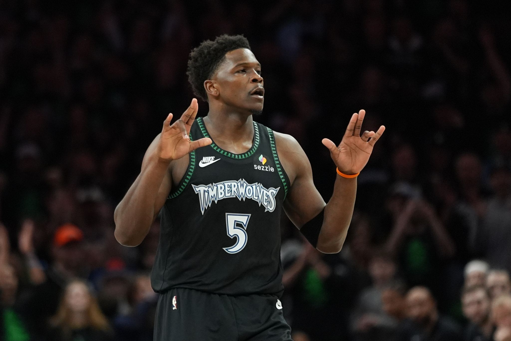 Anthony Edwards in a contextual photograph: playoff reaction illustrating Edwards’ Minnesota career, contextual photograph only, not tattoo evidence; not tattoo evidence