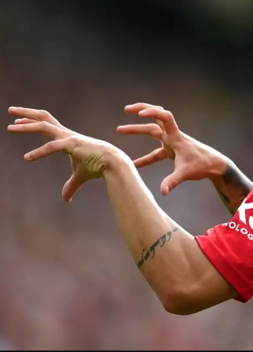 Antony tattoos: high-resolution match photograph showing the forearm lettering