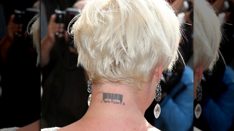 Pink barcode neck tattoo
