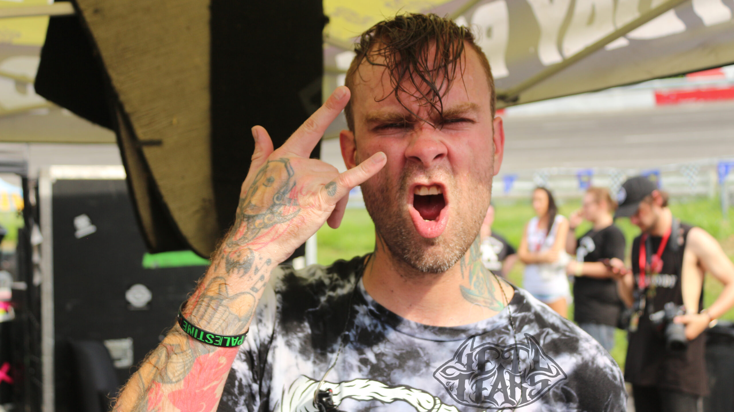 Bert McCracken tattoos: large original-resolution stage photograph showing arm and sleeve tattoos