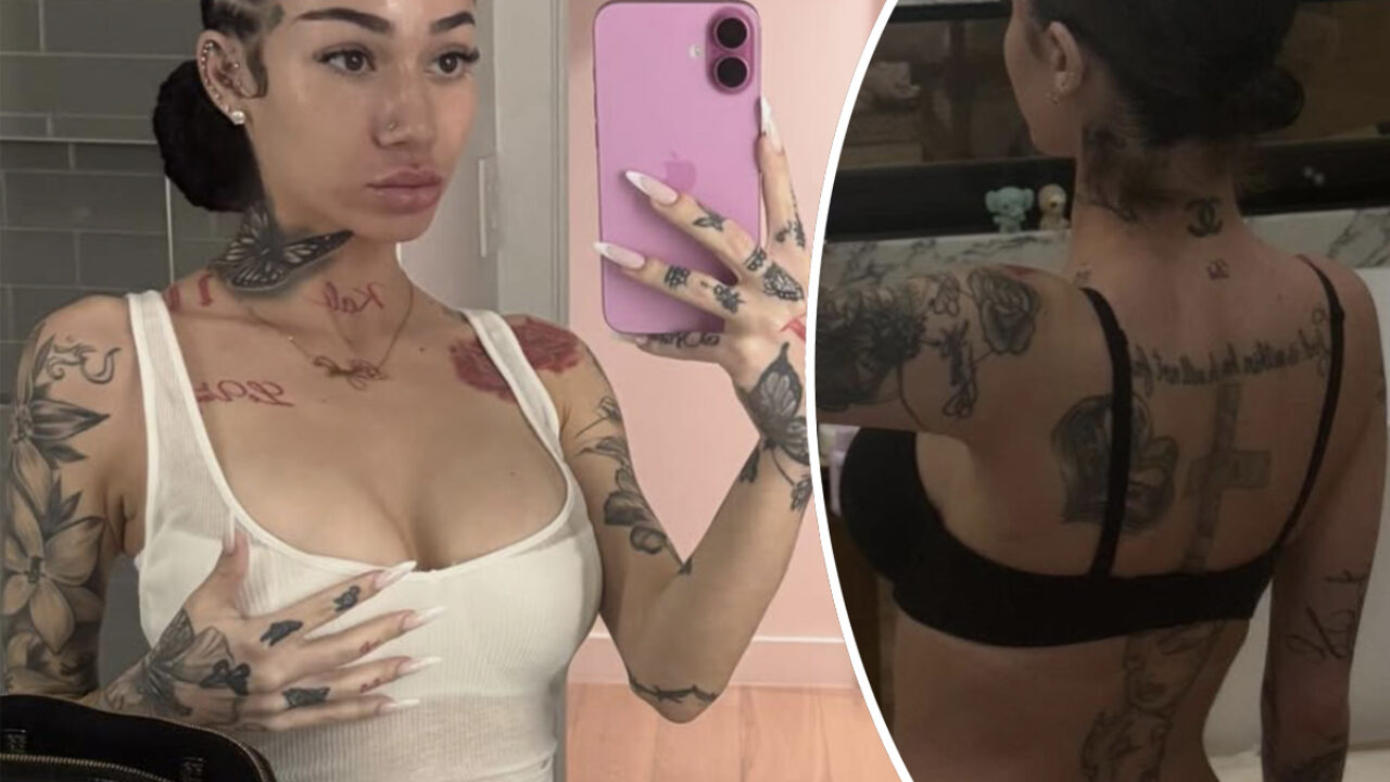 Bhad Bhabie tattoos: front and back mirror view showing the spine, shoulder, arm and hand tattoos