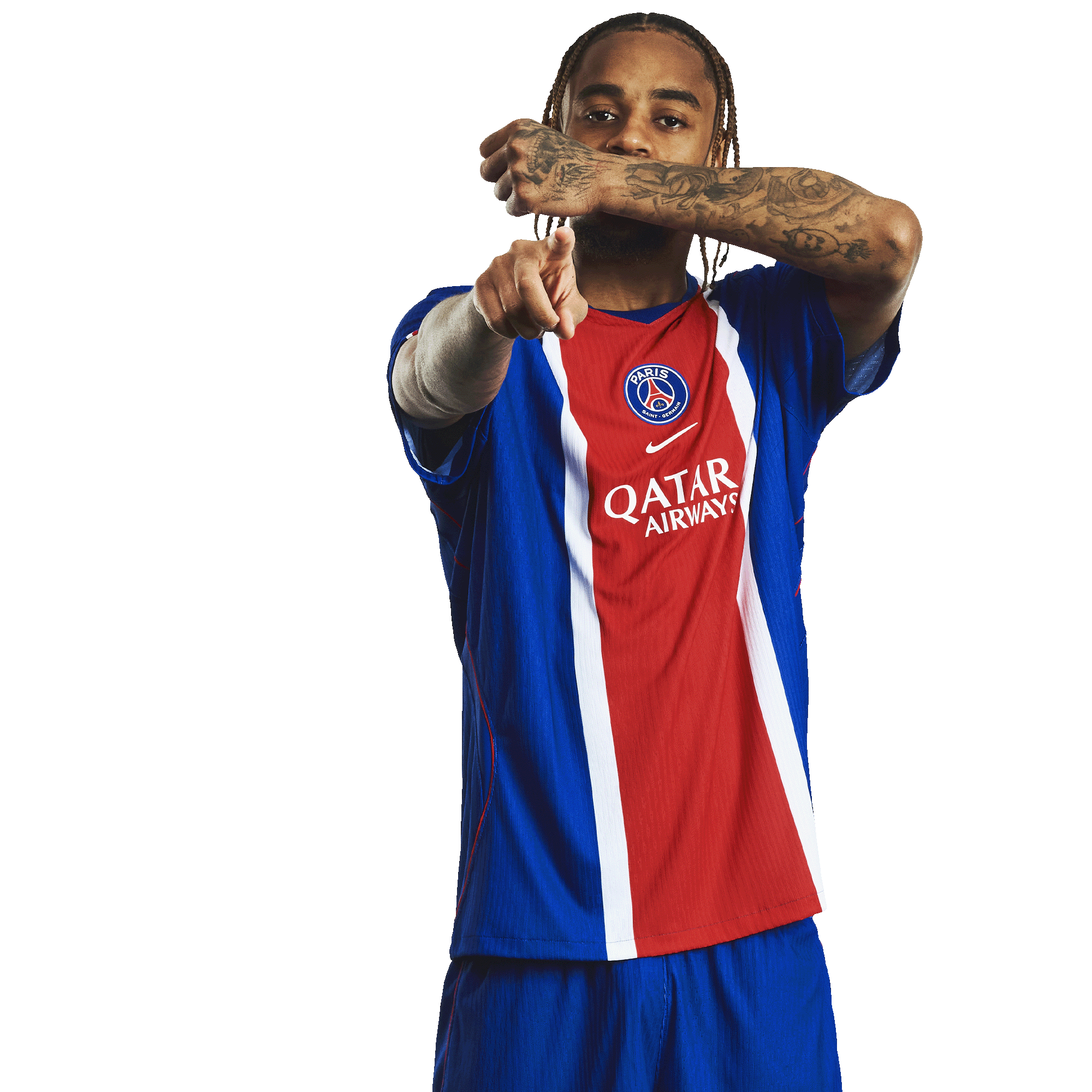 Bradley Barcola tattoos: Official PSG motion portrait showing Bradley Barcola’s face, raised hand and tattooed forearms in a separate high-resolution image