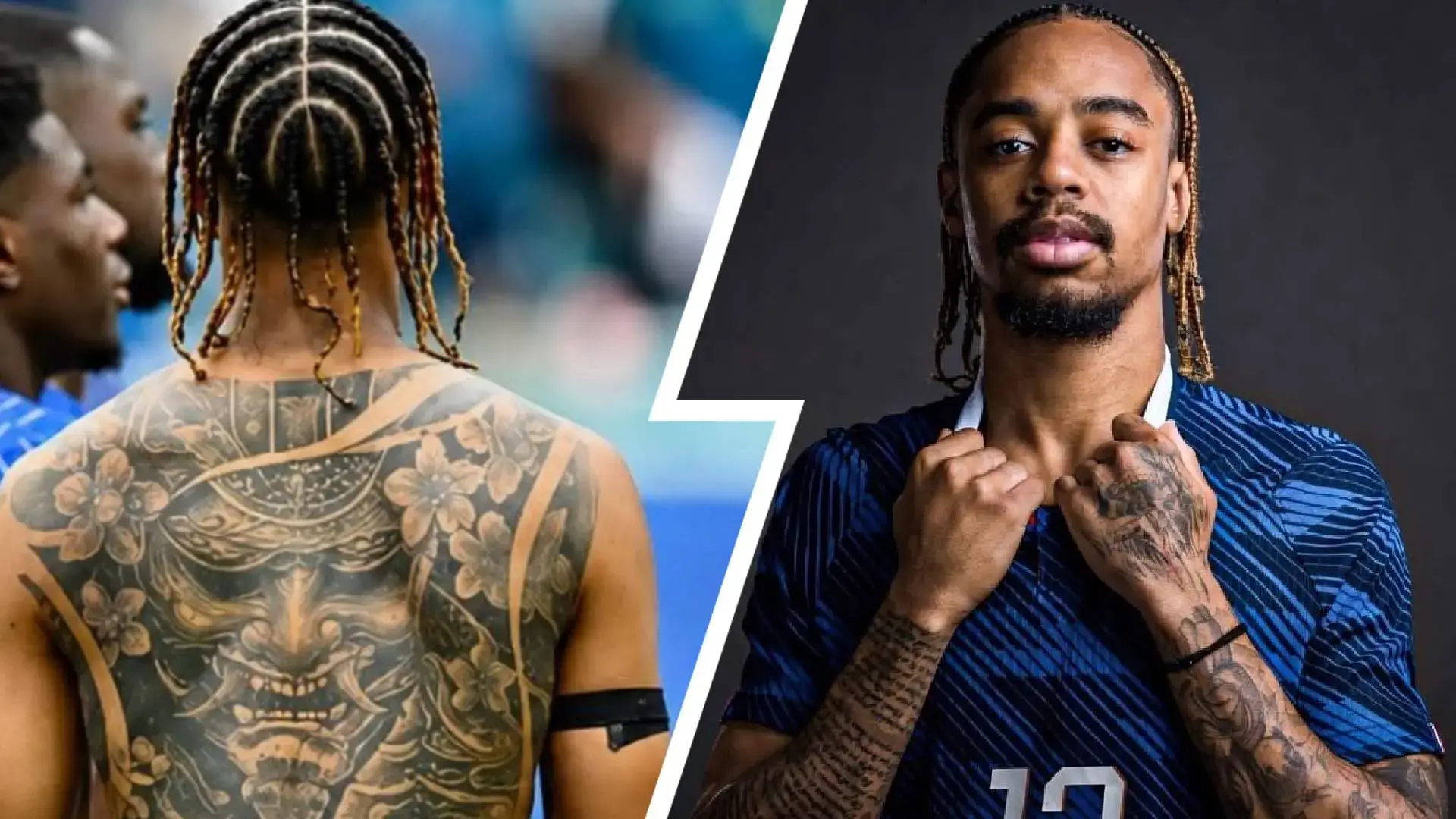 Bradley Barcola tattoos: Tribuna photograph showing the full-back mask composition and a face-visible view of the tattooed arms