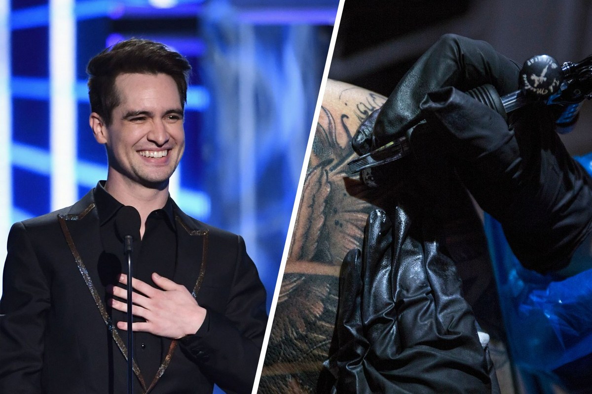 Brendon Urie tattoos: close view of the Freddie Mercury portrait tattoo process