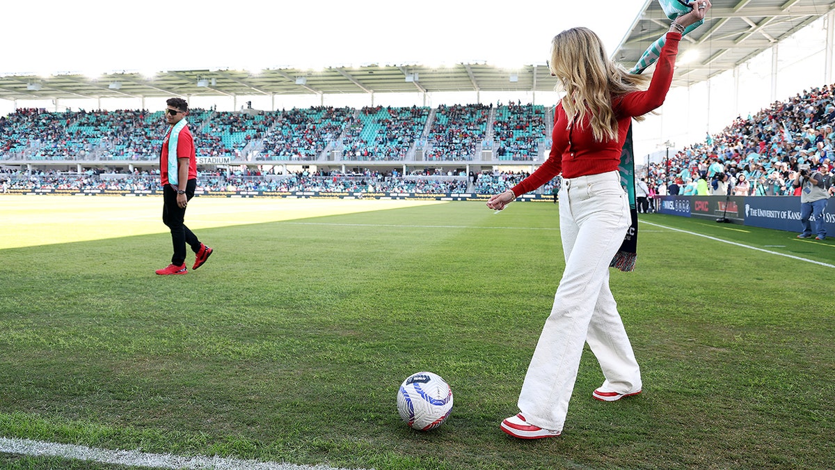 Brittany Mahomes Contextual fallback showing Brittany at a women's soccer team event; not tattoo evidence. Brittany Mahomes in a contextual photograph: Contextual fallback showing Brittany at a women's soccer team event; not tattoo evidence.; not tattoo evidence