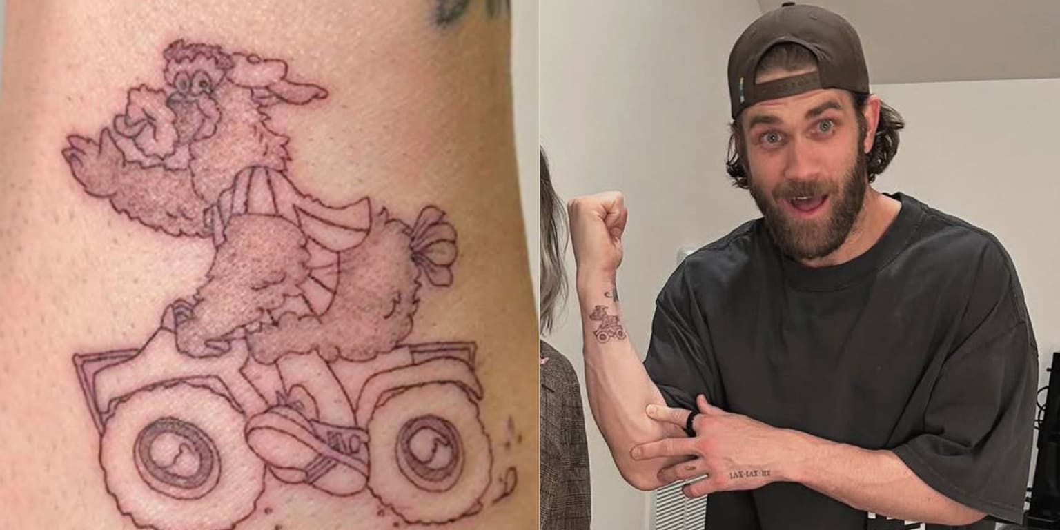 Bryce Harper tattoos: The fine-line Phillie Phanatic riding an ATV, visible on Harper’s right forearm