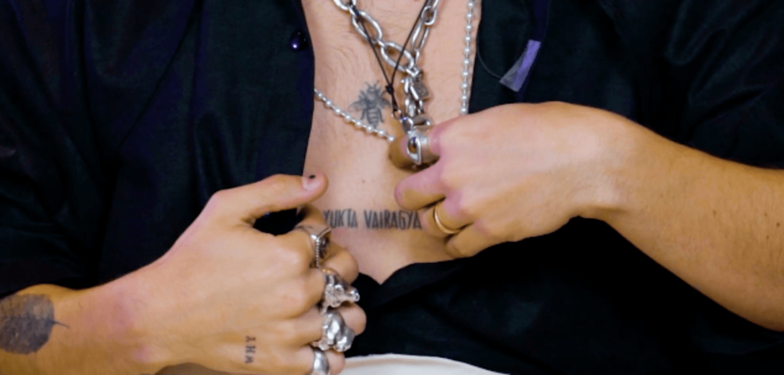 Camilo Camilo’s chest tattoo reading Yukta Vairagya Camilo tattoos: Camilo’s chest tattoo reading Yukta Vairagya