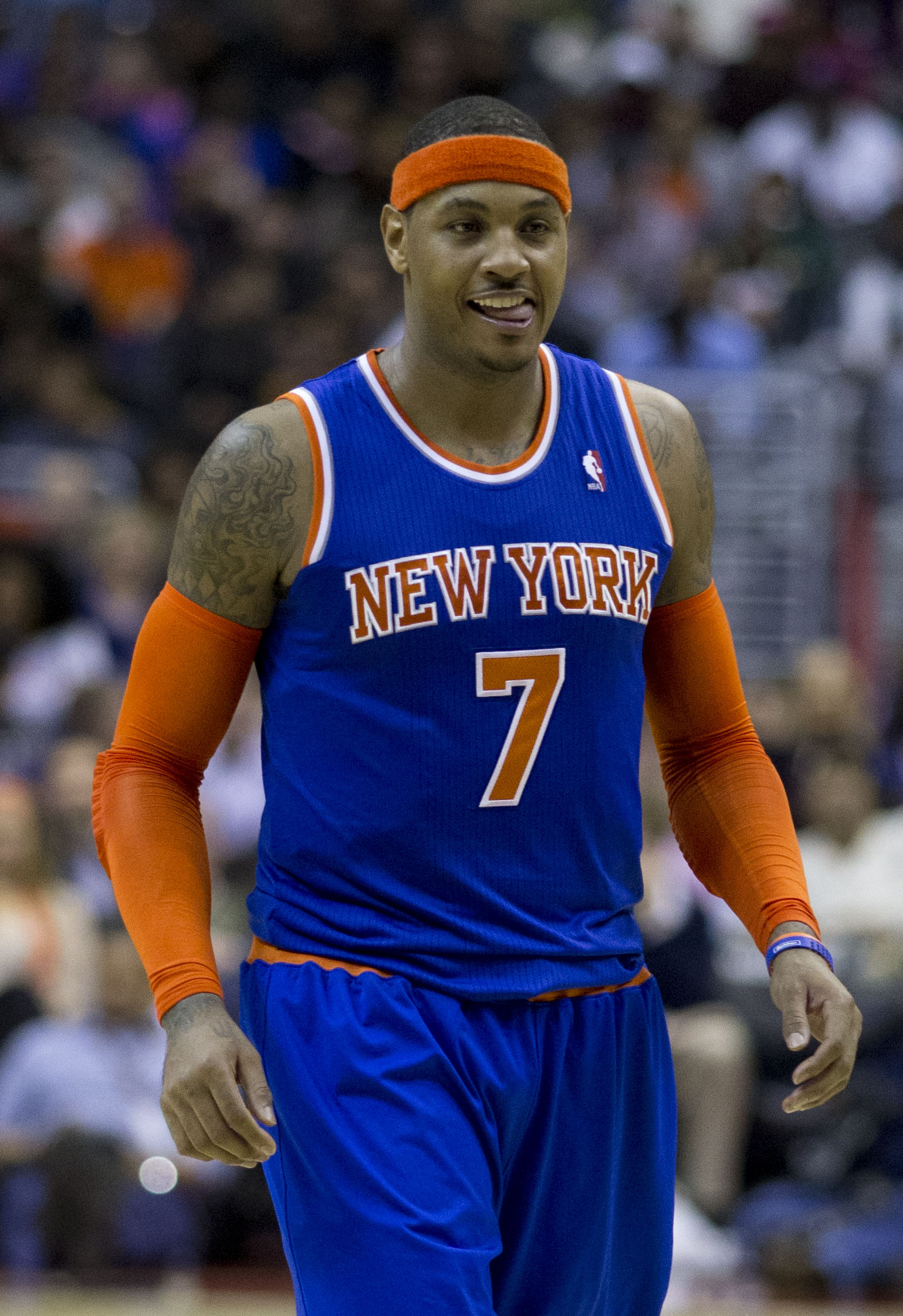Carmelo Anthony arm lettering and shoulder tattoo