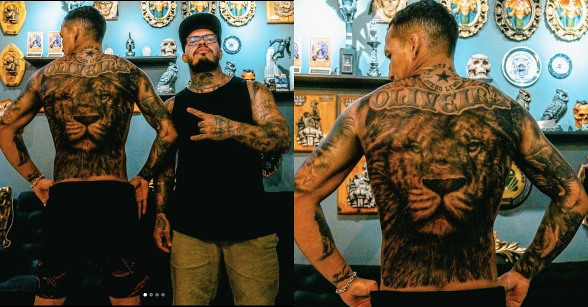 Charles Oliveira tattoos: full back and surrounding smaller tattoos