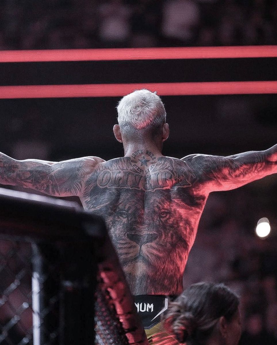 Charles Oliveira tattoos: lion back, neck lettering and gym tribute
