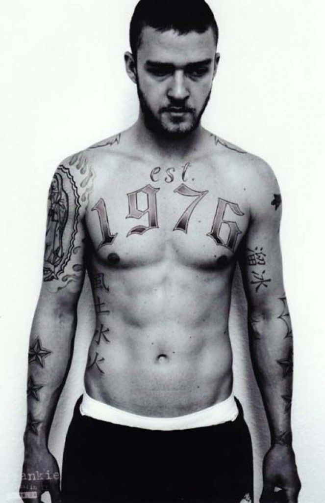 Justin Timberlake tattoos: Alpha Dog temporary chest lettering and character ink