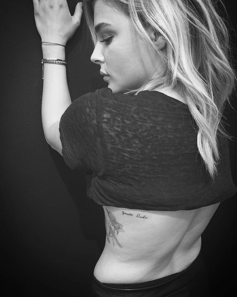 Chloe Grace Moretz rose and family tribute tattoo