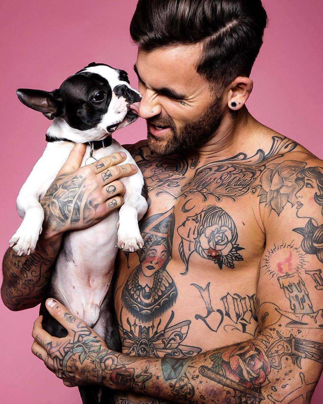 Chris Perceval tattoos: Left upper-arm candle with red flame, woman’s profile and roses extending along the sleeve