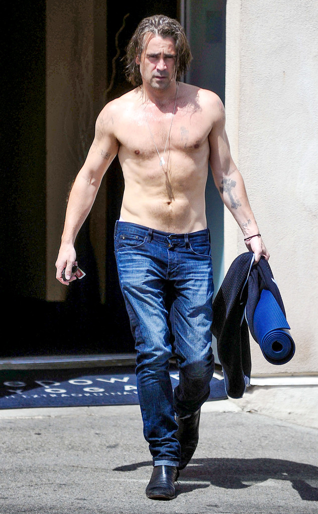 Colin Farrell showing tattoos on both arms after a yoga session