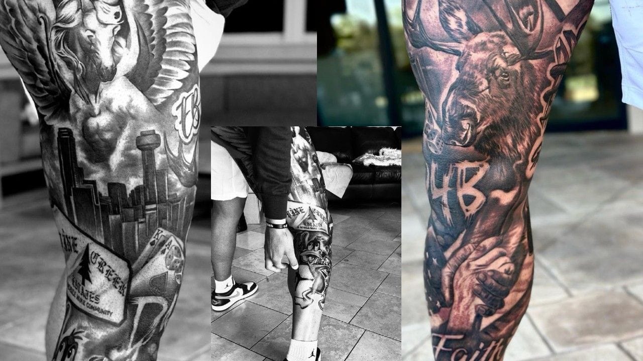 Dak Prescott leg tattoo showing the Faith lettering and sleeve details