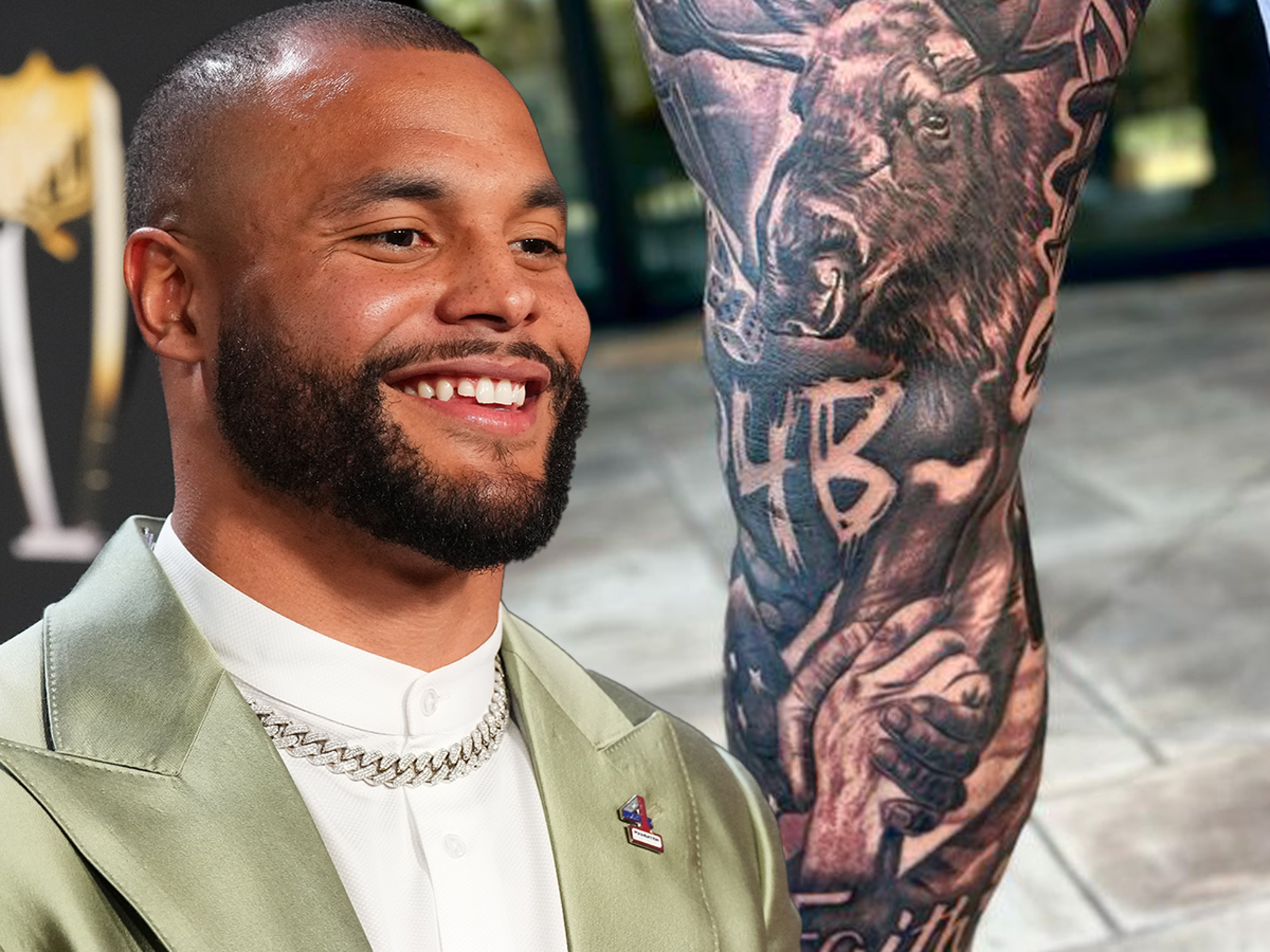 Dak Prescott leg tattoo showing family and hometown tributes