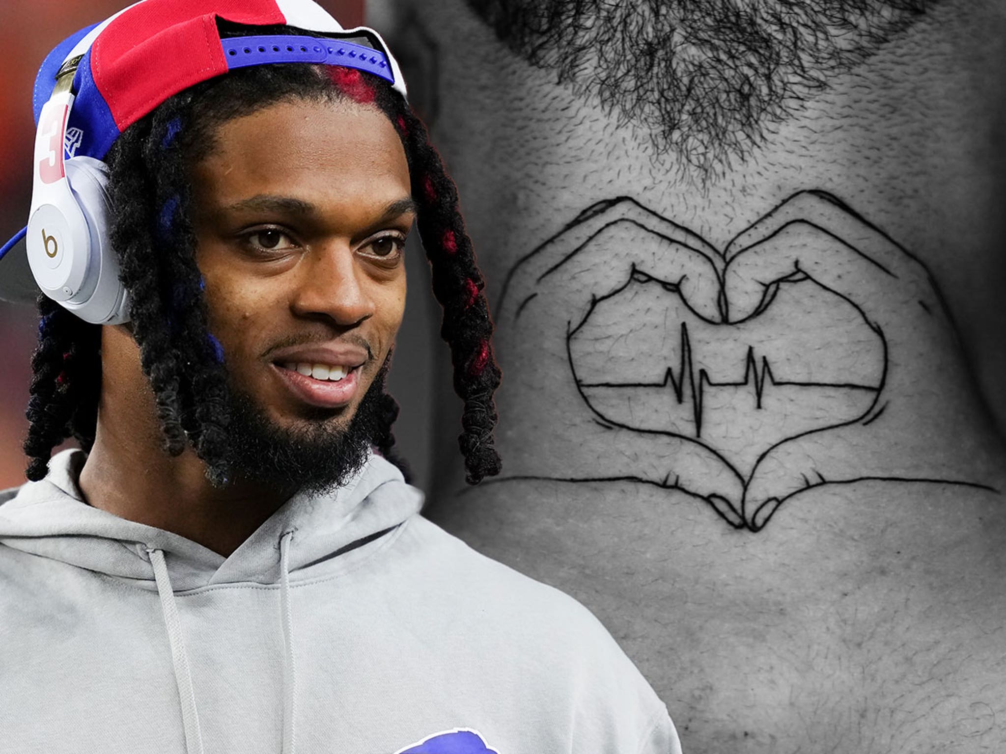 Damar Hamlin in a contextual photograph: earlier neck-tattoo portrait context; not tattoo evidence