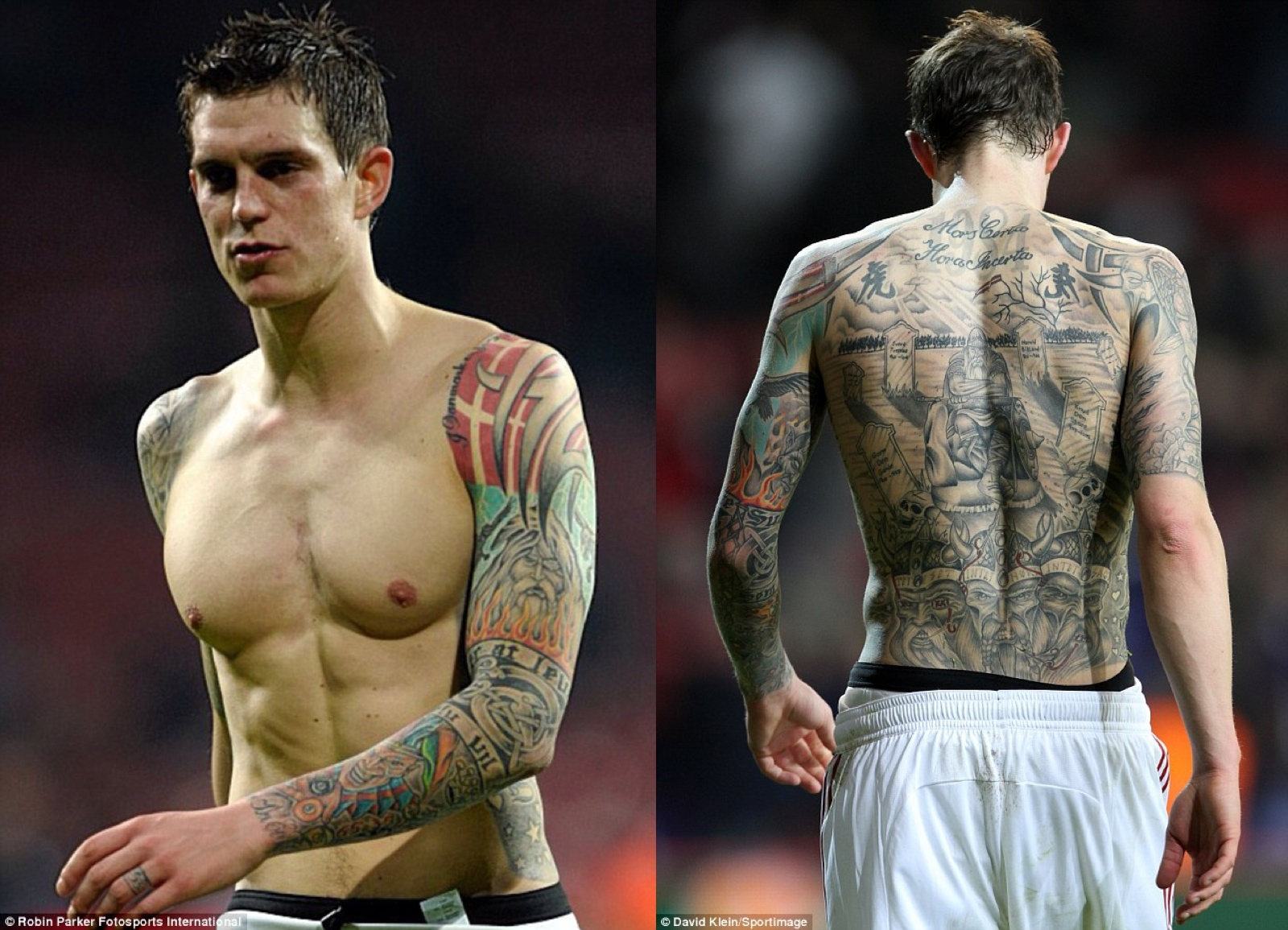 Daniel Agger tattoos: full-resolution view of Daniel Agger's Viking back scene and colorful sleeve work