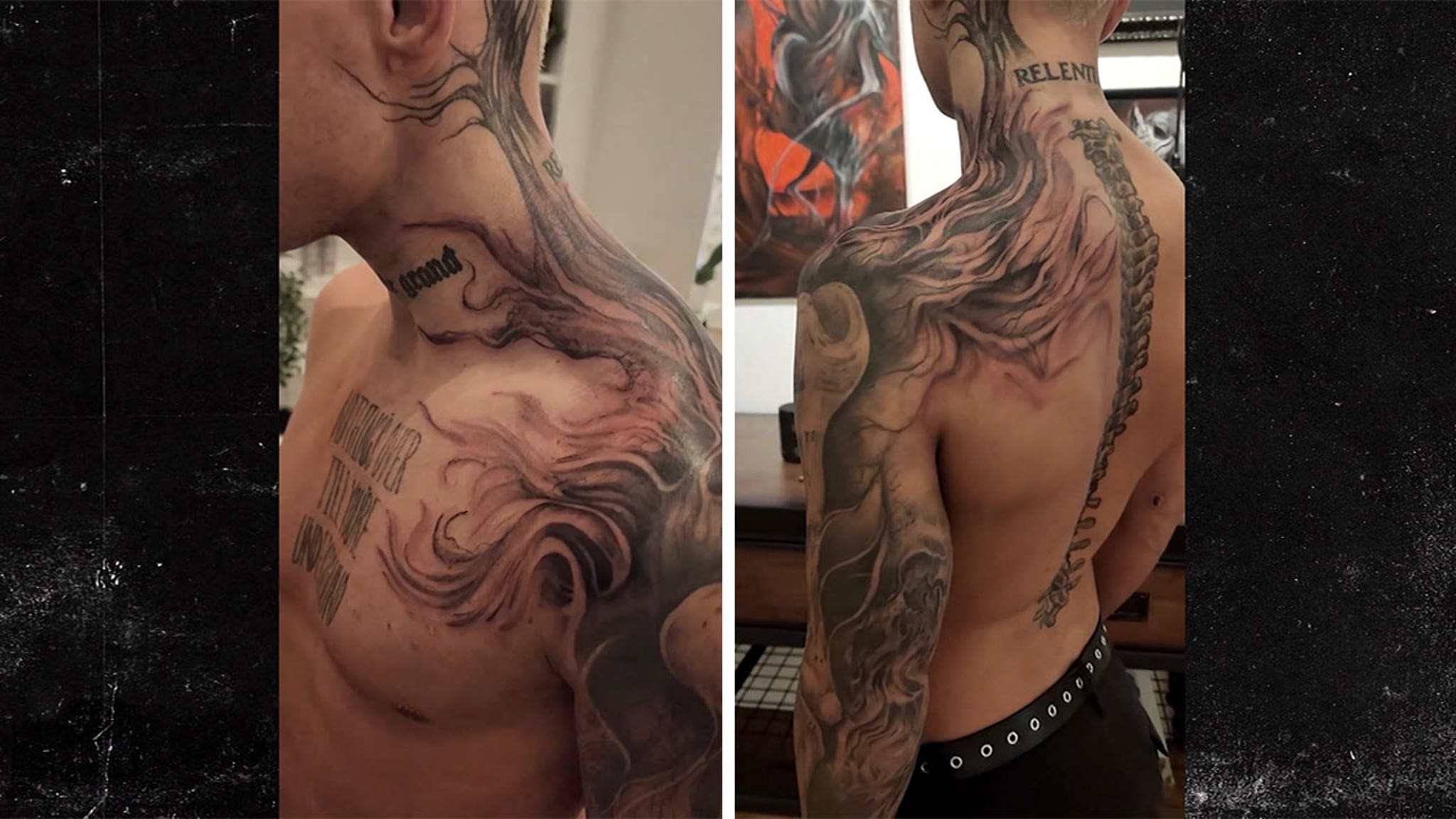 Darby Allin tattoos: clear high-resolution view of the Relentless neck lettering and connected sleeve work