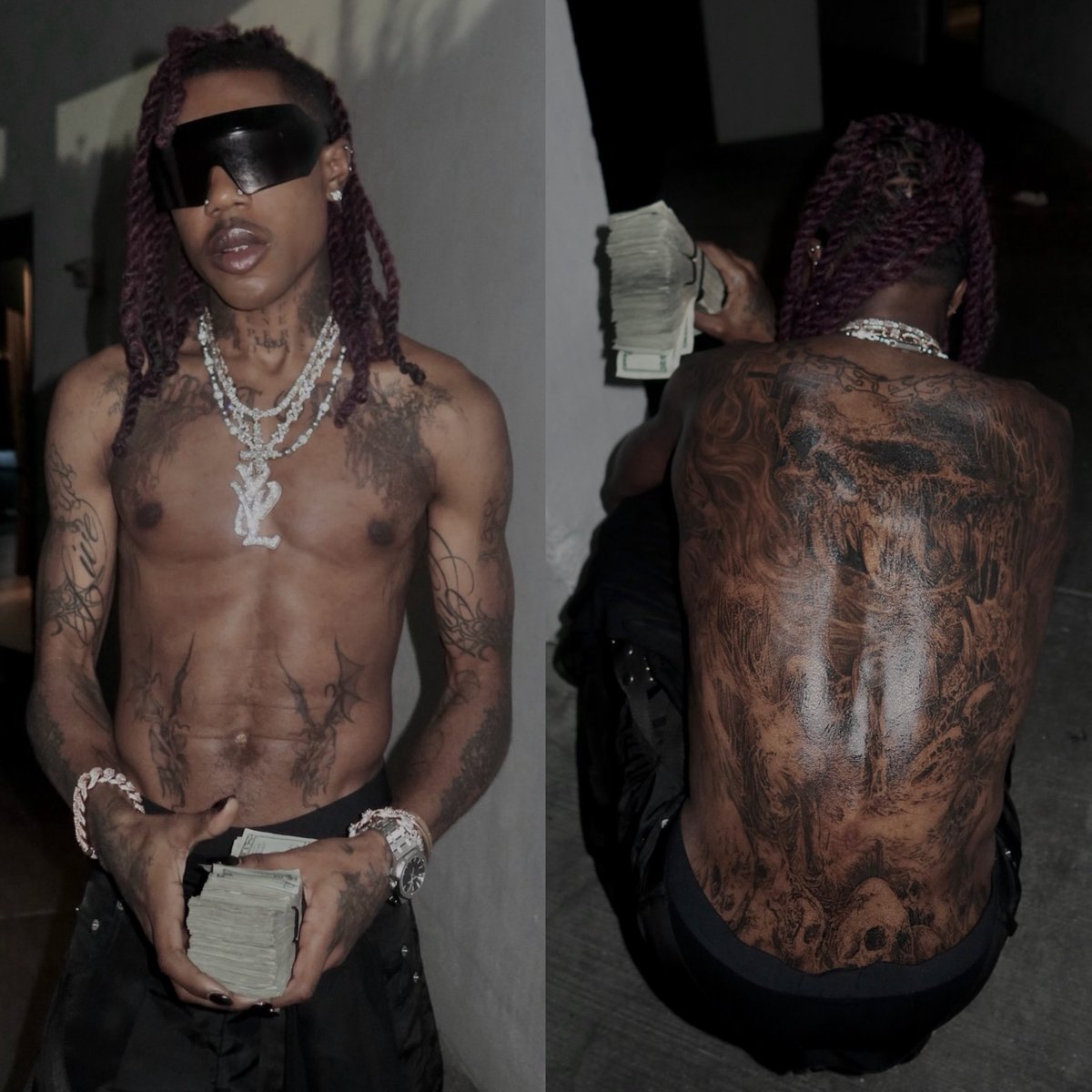 Destroy Lonely tattoos: high-resolution shirtless portrait showing the chest, arms and full back tattoo coverage