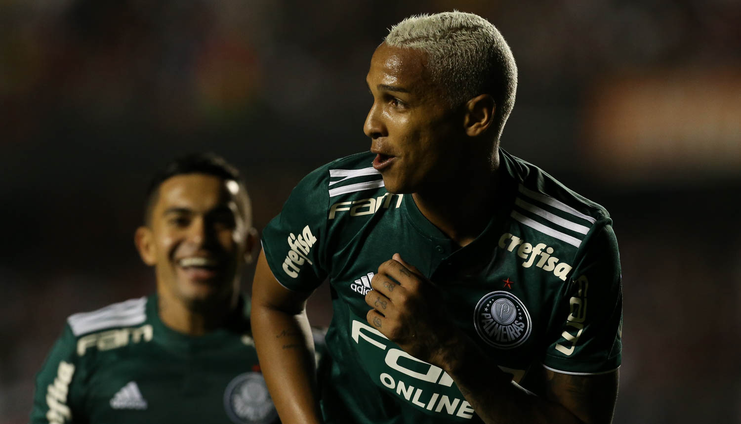 Deyverson celebrates for Palmeiras in October 2018 Deyverson in a contextual photograph: The night in Montevideo; not tattoo evidence